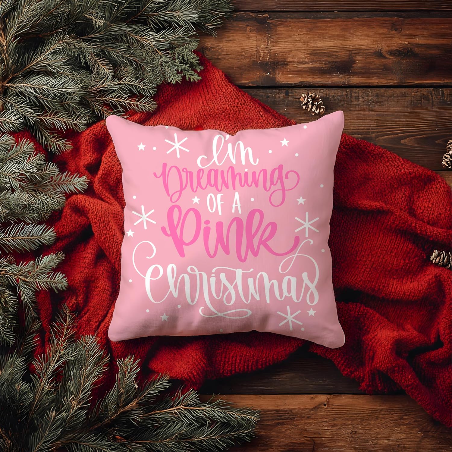 Pink Christmas Pillow Covers 18x18 Double-Sided, I'm Dreaming of a Pink Christmas Decorative Throw Pillow Covers for Girls Room Dorm Home Bedroom Living Room